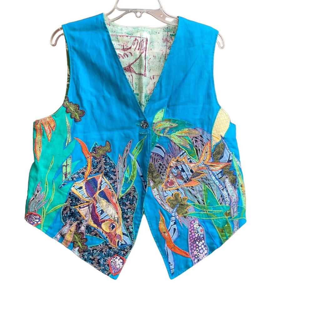 Handmade O/S Lagenlook OOAK Art to Wear Embroidered Fish Ocean Theme Vest - Picture 3 of 8